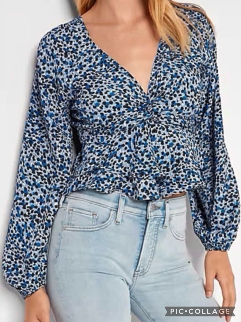 Express Blue Leopard Print Twist Front Tiered Peplum Balloon Sleeve Top L Boho